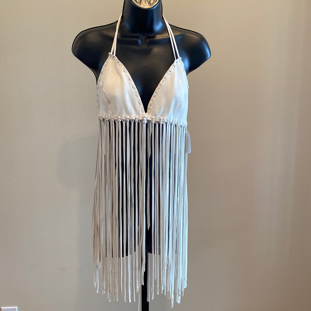 A. Tsagas White Leather Halter Fringe Top S/M”New” Handmade USA
